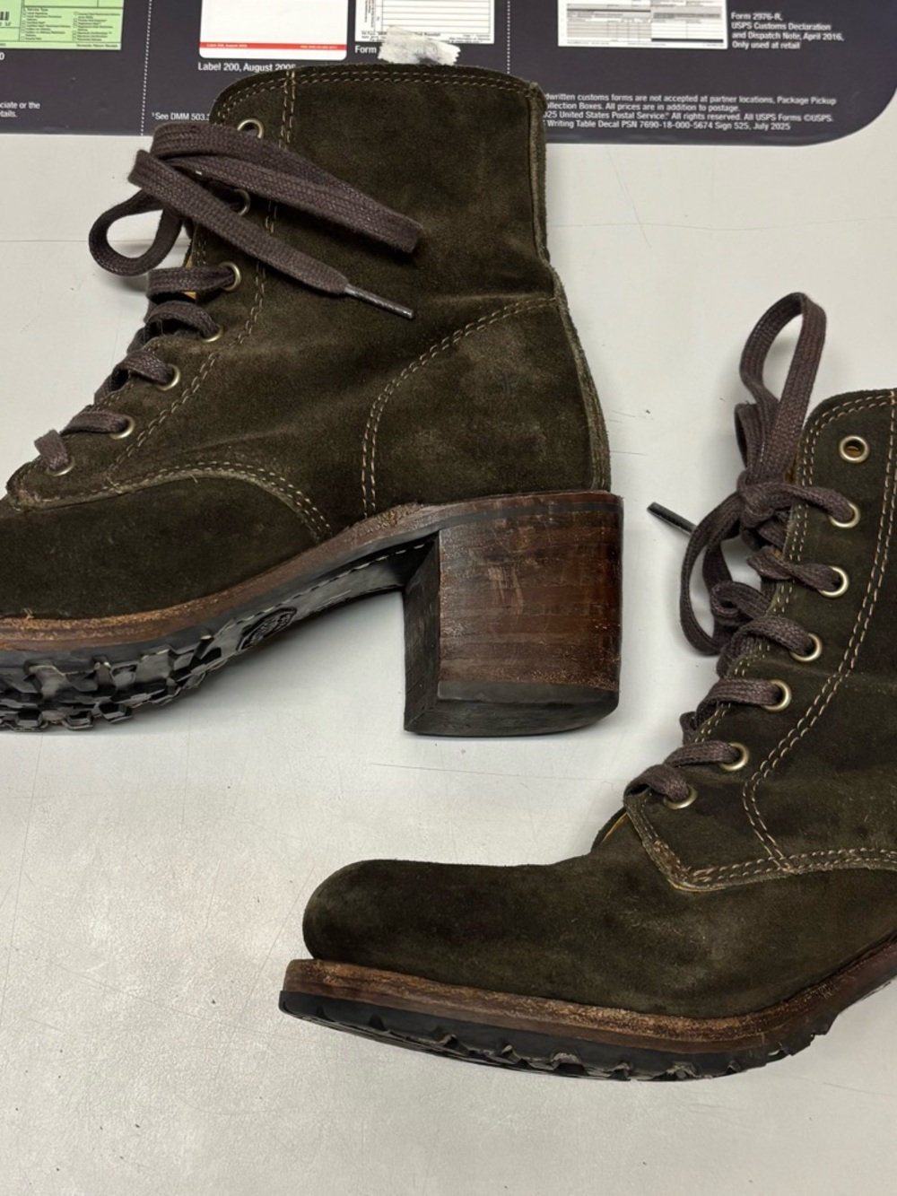 Frye Olive Green Suede Lace-Up Heeled Ankle Boots - Picture 3 of 7